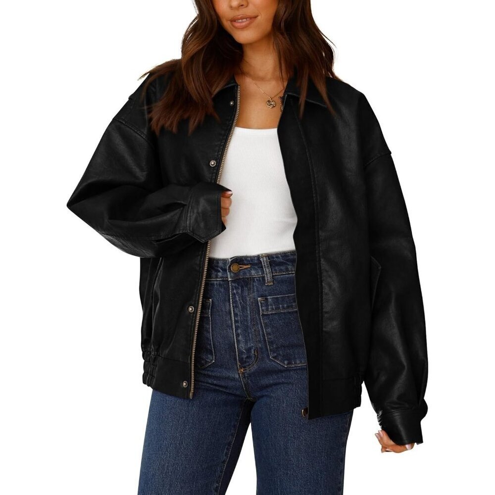 Women Black Faux Leather Motorcycle Jacket Trendy Fall Spring Clothes Outerwear